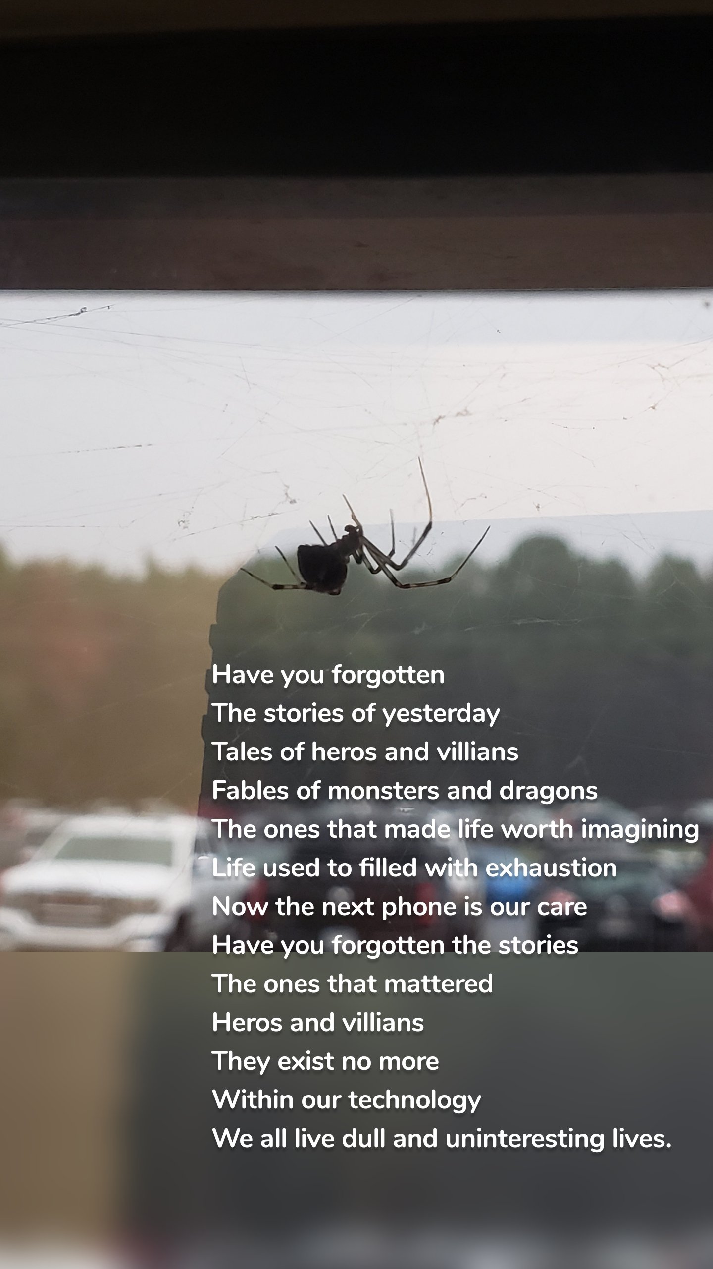 Have you forgotten 
The stories of yesterday
Tales of heros and villians
Fables of monsters and dragons
The ones that made life worth imagining
Life used to filled with exhaustion
Now the next phone is our care
Have you forgotten the stories
The ones that mattered
Heros and villians
They exist no more
Within our technology 
We all live dull and uninteresting lives.